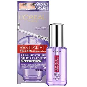 L’Oréal Paris Augenserum mit 1,5% Hyaluronsäure und 1% Koffein für eine strahlende Augenpartie, Mit kühlendem Kugel-Applikator, Revitalift Filler Augenserum, 1 x 20 ml