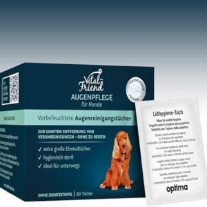 Vital-Friend Augenpflege-Tücher Hund, konservierungsmittelfrei, steril verpackte Tücher für die sanfte Reinigung von Hundeaugen,ideal für unterwegs, 20 Stück