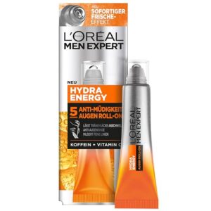 L’Oréal Men Expert Augen Roll-On gegen müde Haut für Männer, Belebende Augencreme gegen Falten, Augenringe und Tränensäcke, Herren Augenpflege mit Vitamin C und Koffein, Hydra Energy, 1 x 10 ml
