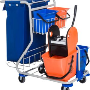 HOMCOM Putzwagen Reinigungswagen 4 Fahreimer Wischwagen Systemwagen mit Rollen Blau Orange 100 x 70 x 103 cm
