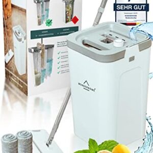 WONDERHOME – Bodenwischer Set mit Eimer – trennt Schmutz – von Frischwasser – innovatives 3 Kammer Wischmop Putzset + Auswringfunktion – für jeden Boden [Neu mit verlängerter 140cm Stange bestellen!]