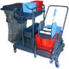 Hypafol Putzwagen Reinigungswagen | 2×5 l + 2×18 l Eimer | Doppelfahrwagen mit Moppresse, Utensilbehälter & Abfall-Eimer | für Gebäudereinigung, Hotelservice, Gastronomie, Großküche, Büros oder Arzt