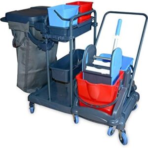 Hypafol Putzwagen Reinigungswagen | 2×5 l + 2×18 l Eimer | Doppelfahrwagen mit Moppresse, Utensilbehälter & Abfall-Eimer | für Gebäudereinigung, Hotelservice, Gastronomie, Großküche, Büros oder Arzt