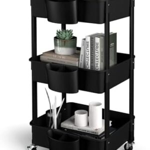 HBTower Servierwagen Küchenwagen 3 Etagen, Utility Cart Rollwagen mit Rollen und 3 Ablagen, Mehrzweckwagen für Küche Make-up Badezimmer Büro, Schwarz