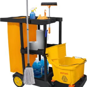 bimiti Profi Putzwagen Reinigungswagen mit extra groß Tasche, 113 x 56 x 93 cm, 3 Ebenen Reinigungswagen Putzwagen Haushaltswagen mit 4 Rollen, Große Kapazität 65 L Müllsack, Gelb + Schwarz