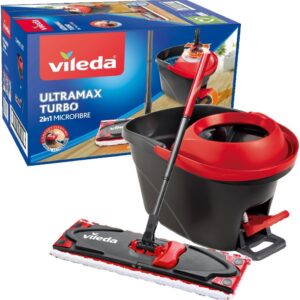 Vileda Ultramax Turbo 2in1 Bodenwischer Komplett Set, Wischmopp mit Stiel, Mikrofaserbezug und Eimer mit Powerschleuder, für alle Hartböden, Stiellänge 75-130cm