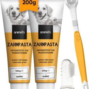 animigo Hundezahnpasta gegen Zahnstein & Mundgeruch 2x100g – inkl. Hundezahnbürste & Fingerzahnbürste – Set für Zahnreinigung mit Zahncreme & Fingerling – Hunde Zahnpflege mit natürlichen Zutaten
