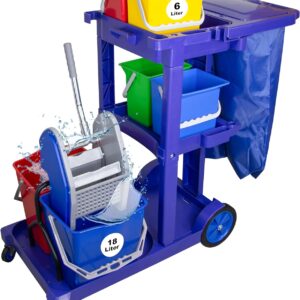 G.I.V. – Reinigungstechnik Putzwagen Reinigungswagen groß mit Vertikalpresse, professionelle Reinigung 2x18L Eimer, 4-Farbsystem Kunststoffeimer je 6L, Wischwagen mit Presse – Reinigungswagen Gewerbe