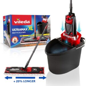 Vileda Ultramax XL 2in1 Bodenwischer Komplett Set, extrabreiter Wischmopp mit Stiel, Mikrofaserbezug und Eimer mit Powerpresse, für alle Hartböden, Wischerplatte 42cm, Stiellänge 75-130cm