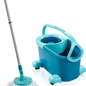 Leifheit Set Clean Twist Disc Mop Ergo 2.0 mit Rollwagen, Bodenwischer mit Mikrofaser Bezug für nebelfeuchte Reinigung auf Fliesen und Laminat, Wischmopp mit Click-System und Schleudertechnologie