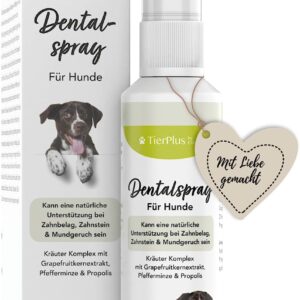 EXVital TierPlus Dentalspray für Hunde, gegen Zahnbelag, Zahnstein & Mundgeruch, natürliche Zahnreinigung & Zahnsteinentferner, 100 ml Sprühflasche, 100% natürlich & ohne Zusätze, Made in Germany