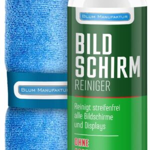 Blum Manufaktur 250ml Bildschirmreiniger + 30×30 cm Mikrofasertuch – Screen Cleaner – Display Reiniger – Absolut streifenfreie Reinigung von Handy, Laptop, PC, TV