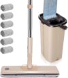 Masthome Bodenwischer mit Eimer Set, Putzeimer und Flacher Mopp Set mit Langem Griff aus Edelstahl und 6 Mikrofaser Wischpads,Flacher Wischer mit Auswringfunktion für Alle Böden-Braun