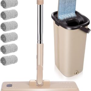 Masthome Bodenwischer mit Eimer Set, Putzeimer und Flacher Mopp Set mit Langem Griff aus Edelstahl und 6 Mikrofaser Wischpads,Flacher Wischer mit Auswringfunktion für Alle Böden-Braun