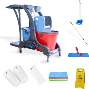 Hypafol Putzwagen Reinigungswagen Set | 2 x 25 l Eimer mit Wischmopp-Presse & Kehrgarnitur | 2X 50cm Baumwoll Wischmopp, 1x Mikrofaser-Mopp, 12 Mikrofasertücher | Warnschild „Achtung Rutschgefahr