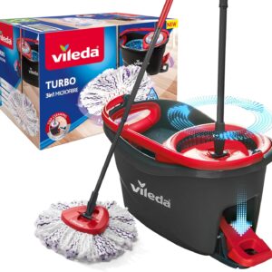 Vileda Turbo 3in1 Komplett Set, Wischmopp mit 3in1 Mikrofaser-Moppkopf, Eimer mit Schleuder, Teleskopstiel: 85 – 123 cm, entfernt 99 % der Bakterien, nachhaltiges Wischsystem, Vileda Love it Clean