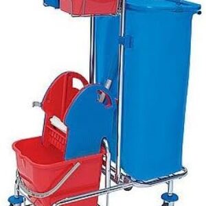Splast verchromter Putzwagen mit Moppresse, Beutelhalter 120l und Plastikeimern, Variante:mit 2X 6l Eimer