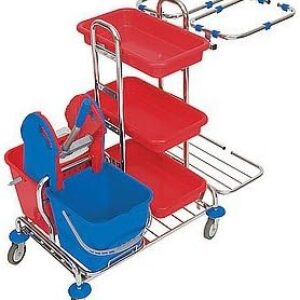 Splast Putzwagen mit Ablagefächern, Moppresse, Eimern und 2x 70l Beutelrahmen