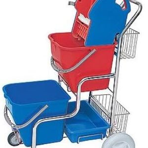 Splast verchromter Putzwagen mit Moppresse, 2 Körben und 2 Plastikeimern je 20l