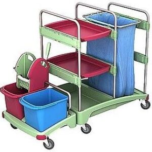 Splast antibakterieller Putzwagen mit Beutelhalter 120l, Moppresse, Eimern, Regal