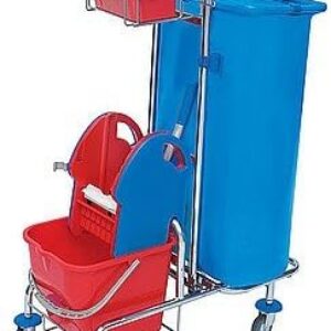 Splast verchromter Putzwagen mit Moppresse, Beutelhalter 120l und Plastikeimern, Variante:mit 1x 6l Eimer
