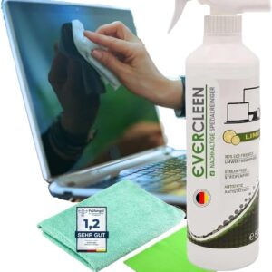 Evercleen 500 ml Bildschirmreiniger with Mikrofasertuch und Brillentuch – Streifenfreies Reinigungsspray für TV, PC OLED, Laptop, Smartphone – Made in Germany