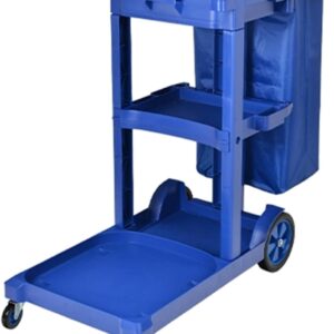 Kunststoff Putzwagen Reinigungswagen mit extra groß Tasche, Hausmeisterwagen mit 3 Regalen(Blue)