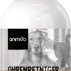animigo Ohrreiniger für Hunde & Katzen – 250ml Ohrentropfen – Teebaumöl, Lavendelöl, Salicylsäure, Hamamelis Extrakt & Aloe Vera – Für Ohrenpflege – Dog and cat