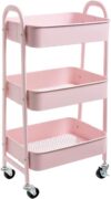 DOEWORKS Rollwagen Metall Aufbewahrungswagen Küchenwagen 3-Etagen, Servierwagen Organizer Wagen mit Rädern für Wohnzimmer Schlafzimmer Make-up Badezimmer Büro, Rosa