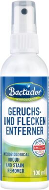 Bactador Enzymreiniger – Geruchsentferner & Fleckenentferner Spray 100ml – Mikrobiologischer Geruchsneutralisierer – Porentiefe Reinigung in Haushalt und Tierhaltung – Hundeurin/Katzenurin Entferner