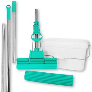 ABACUS® Wischmop Set, Wischmopp extrem saugstark + Ersatzschwamm + 2X Verlängerungsstiel + Eimer, Bodenwischer, Wischer, Mopp, Bodenreiniger, Bodenmop, Doppelwringer – Green Mop® Set 30 cm (7809.3)