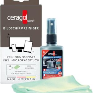 ceragol ultra Display Cleaning Set – Bildschirm-Reiniger – Screen-Cleaner mit Lotuseffekt, reinigt und schützt – TV, Laptop, PC, Navigation, Tablet, 50ml Spray + Tuch