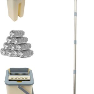 ACROSSPART Wischmopp Set mit Eimer Bodenwischer mit Auswringfunktion Bodenwischer Set mit 360° Drehbarer Wischmop und 10 Mikrofaserpad Putzlappe Innovativer 2 Kammer Putzeimer