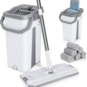 VOUNOT Bodenwischer, Wischmopp Set mit Eimer zum Auswringfunktion, Flacher Mikrofaser & Putzset mit Edelstahlgriff, 6 Wiederverwendbare Wischmop Ersatzbezüge, alle Arten von Böden Weiß