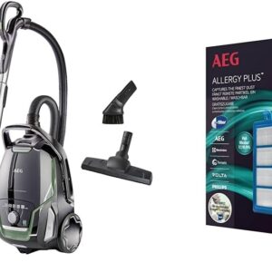 AEG VX9-2-ÖKO Staubsauger / 12 m / 850 Watt/nur 65 dB(A) / 5 l/schwarz/grün & AFS1W Allergy Plus Filter (Ideal für Allergiker, Filterwirkung mehr als 99%, saubere Luft, waschbar) blau/weiß