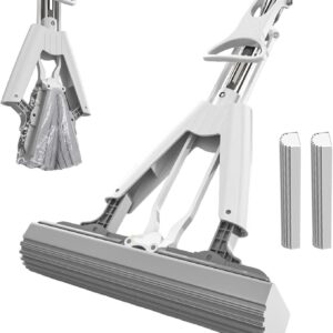 Schwamm Wischmop, Schwammwischer Mit 118cm Stiel, Saugfähig Schwammwischer Wischmopp Mit Auswringfunktion, Selbstwringender Bodenreinigungs Schwamm Mopp (2 Stück Schwammwischkopf)