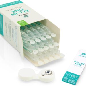 LENZERA Kombilösung Reisegröße 15 x 10ml Monodosis Ampullen + Behälter, 150 ml ideales Reiseset, Reinigungsmittel mit Etui zur Aufbewahrung, Handgepäck Flugzeug konform, All in One