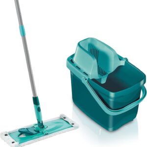 Leifheit Set Combi M micro duo mit rückenschonendem Wischer, Wischtuchpresse für effektives Auswringen, 12L Putzeimer, reinigungsstarker Wischmopp für Fliesen und Laminat mit Click-System