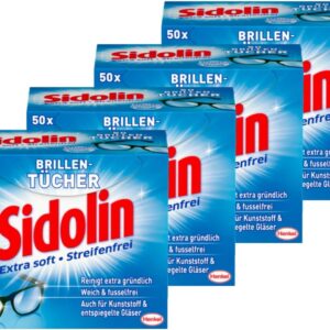 Sidolin Brillenputztücher 200 (4 x 50) Stück, feuchte Reinigungstücher für Brillen, Displays, Bildschirme, reinigen mühelos und fusselfrei, optimal für unterwegs