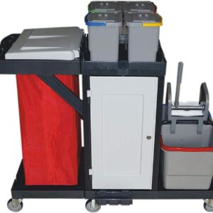 Wisch-Star Kunststoff Reinigungswagen mit Presse, Putzwagen mit 2X 20 Liter Eimer, 4X 8 Liter Eimer, Fach verschließbar und Müllsackhalterung