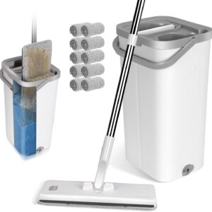 Masthome Wischmopp Set mit Eimer, Putzeimer mit Wischmop und 10 Mikrofaser Moppkopf, Wischmopp Set mit 140cm Edelstahl Griff, Bodenwischer mit Auswringfunktion für Alle Böden – Weiß