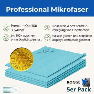5er Pack – ROGGE Professional Microfasertuch ca.38×40 cm, Fuer TV/LCD/TFT/LED+Plasma. Displaytuch – Zubehör für: alle glatten und sensiblen Oberflächen.