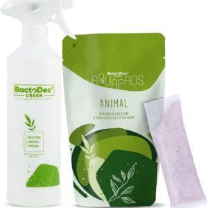 BactoDes Green Aqua Pads, Animal Geruchsentferner Geruchskiller Lufterfrischer, Pulver Tütchen zum Mischen, 4 Stück inkl. Sprühflasche