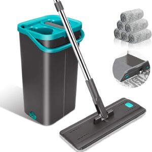 Myiosus Wischmopp Set mit Eimer, Bodenwischer, Flach Wischer Boden mit 144 cm Edelstahlgriff, 2 in 1 Putzeimer mit Wischmop, 360° Drehung, Mikrofaser Wischer mit Auswringfunktion für Alle Böden-6 Pads