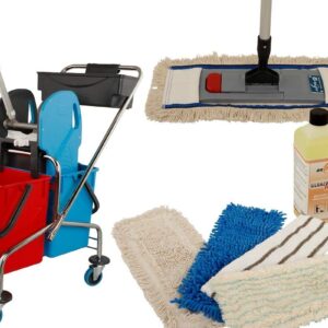 Axis Line Wischmop Komplettset 10 teilig mit Wischerset 40cm und Doppelfahrwagen Reinigungswagen 17 Liter Chrom und Ersatzmöppe und 2 x Profi Reinigungsmittel