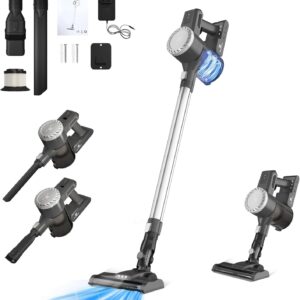 Akku Staubsauger mit LED Bürste, 20000Pa 140W Staubsauger Kabellos mit 2 Saugmodi, Akku Stielstaubsauger Handstaubsauger Akkusauger Leicht Vacuum Cleaner für Hartböden,Teppich,Tierhaare,Auto,Zuhause
