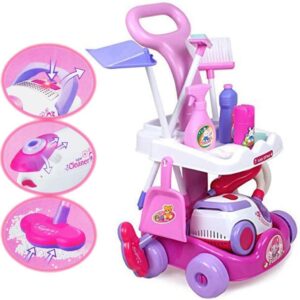 deAO Putzwagen für Kinder, Besenwagen mit Heimspielzeug Zubehör inkl. Kinderstaubsauger mit Saug, Besen u.v.m. Heimspielzeug Reinigungswagen ab 2 3 für Geburtstage, als Weihnachtsgeschenk