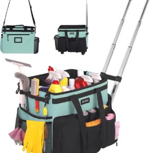 JKAOO Große Reinigungs-Caddy-Tasche mit abnehmbarem Trolley, wasserdichter Reinigungs-Caddy auf Rädern für Haushälterinnen, Reinigungswagen, Organizer für Zuhause, Auto, Büro, Picknick (blau-grün)