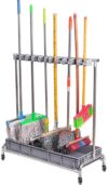 Besenhalter Mop Halter, Gerätehalter Ordnungsleiste Rostfreier Stahl Broom Mop Rack Holder Besenhalter Mit Rollen Putzwagen für Gartengaragenschulen Krankenhäuser Hotels (10slots with Wheels)