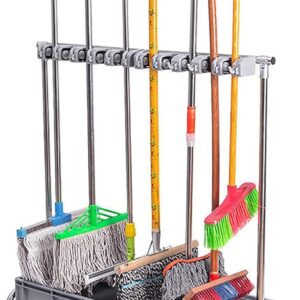 Besenhalter Mop Halter, Gerätehalter Ordnungsleiste Rostfreier Stahl Broom Mop Rack Holder Besenhalter Mit Rollen Putzwagen für Gartengaragenschulen Krankenhäuser Hotels (10slots with Wheels)